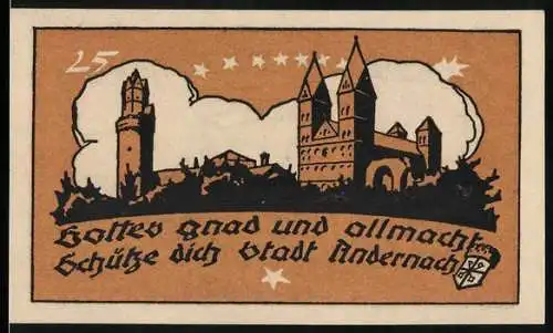 Notgeld Andernach, 1920, 25 Pfennig, Stadtansicht und Spruch Gottes Gnad und Allmacht Schütze dich Stadt Andernach