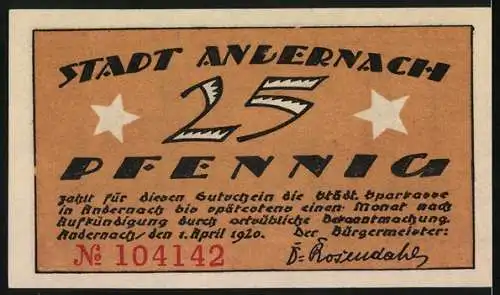 Notgeld Andernach, 1920, 25 Pfennig, Stadtansicht und Spruch Gottes Gnad und Allmacht Schütze dich Stadt Andernach