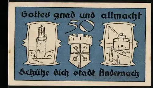 Notgeld Andernach, 1920, 50 Pfennig, Gottes Gnad und Allmacht Schütze Dich Stadt Andernach, Stadt Andernach