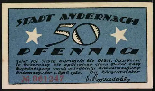 Notgeld Andernach, 1920, 50 Pfennig, Gottes Gnad und Allmacht Schütze Dich Stadt Andernach, Stadt Andernach