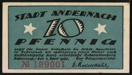 Notgeld Andernach, 1920, 10 Pfennig, Gottes gnad und Allmacht, Schütze dich Stadt Andernach