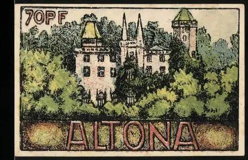 Notgeld Altona, 1921, 70 Pf, Schloss und Kirchtürme, Magistratsschein