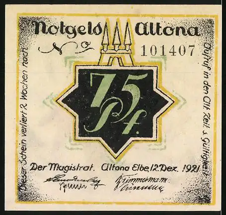 Notgeld Altona, 1921, 75 Pf, bunte Illustration eines Mannes mit Zylinder und Schriftzug