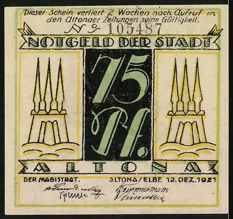 Notgeld Altona, 1921, 75 Pfennige, Zeichnung eines Mannes mit Blume und Vogel