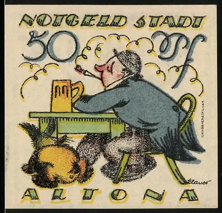 Notgeld Altona, 1921, 50 Pf, Mann mit Bierkrug und Hund unter dem Tisch