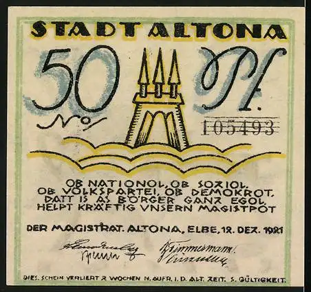 Notgeld Altona, 1921, 50 Pf, Mann mit Bierkrug und Hund unter dem Tisch