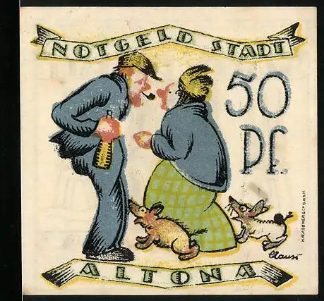 Notgeld Altona, 1921, 50 Pf, zwei Personen mit Hunden, Türme und Text auf Rückseite