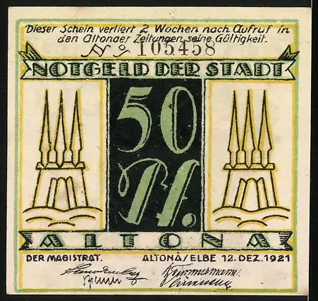 Notgeld Altona, 1921, 50 Pf, zwei Personen mit Hunden, Türme und Text auf Rückseite