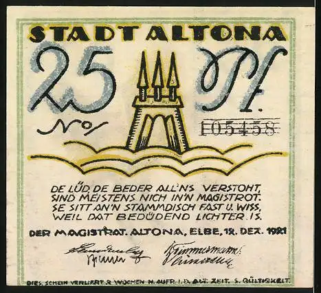 Notgeld Altona, 1921, 25 Pf, Mann mit Hund und Stadtwappen von Altona