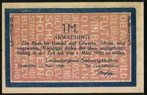 Notgeld Altona 1922, 1 Mark, Landschaft und Anweisung der Bank für Handel und Gewerbe Altona