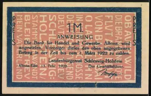 Notgeld Altona 1922, 1 Mark, Landschaft mit Klippen und Meer, Anweisung für Altona bis 1. März 1922