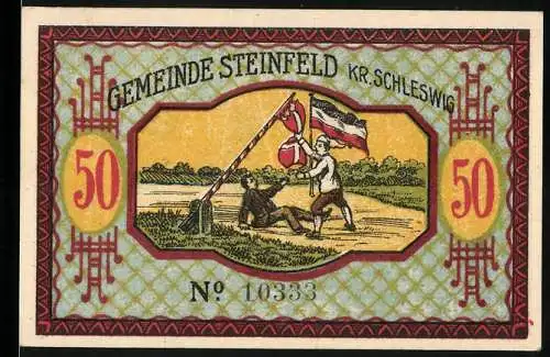 Notgeld Steinfeld / Schleswig 1920, 50 Pfennig, zwei Männer mit Flaggen und Porträt von Lorenz Lornsen