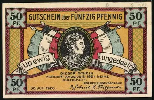 Notgeld Steinfeld / Schleswig 1920, 50 Pfennig, zwei Männer mit Flaggen und Porträt von Lorenz Lornsen