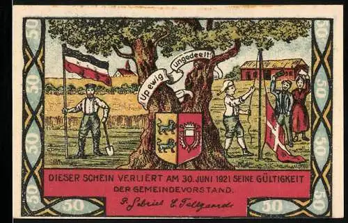 Notgeld Steinfeld / Schleswig 1920, 50 Pfennig, Deutsch-Dänischer Grenzstreit, Rückseitig Frz. & Englischer Soldat