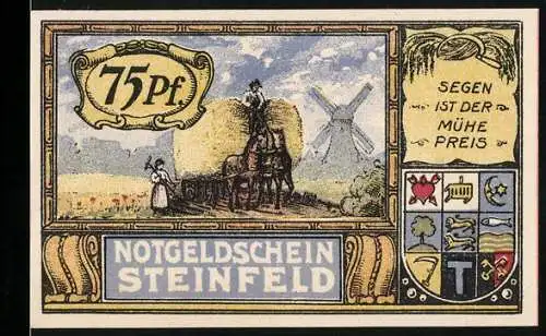 Notgeld Steinfeld / Schleswig 1921, 75 Pf, Vorderseite mit Bauer und Windmühle, Rückseite mit Adler und Wappen