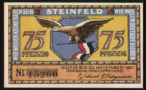 Notgeld Steinfeld / Schleswig 1921, 75 Pf, Vorderseite mit Bauer und Windmühle, Rückseite mit Adler und Wappen