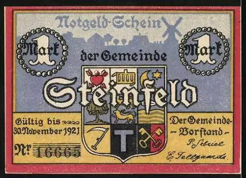 Notgeld Steinfeld / Schleswig 1921, 1 Mark, Beschirm uns Gott vor Wohnungsnot!