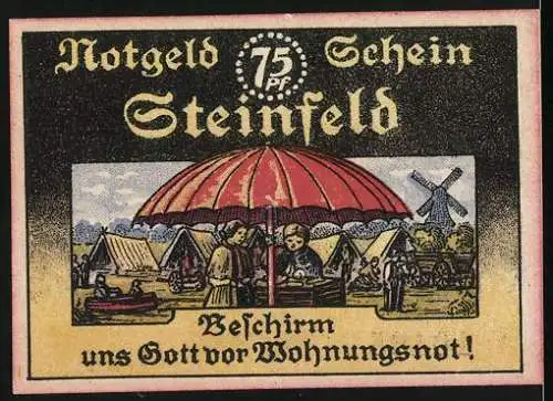 Notgeld Steinfeld / Schleswig 1921, 75 Pfennig, Wappen und Wohnungsnot-Szene mit Regenschirm und Mühle