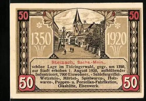 Notgeld Steinach, 1920, 50 Pfennig, Stadtansicht und Ornamente, Thüringerwald, Industriestadt, ausgegeben 1. August