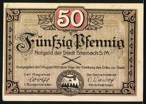 Notgeld Steinach, 1920, 50 Pfennig, Stadtansicht und Ornamente, Thüringerwald, Industriestadt, ausgegeben 1. August