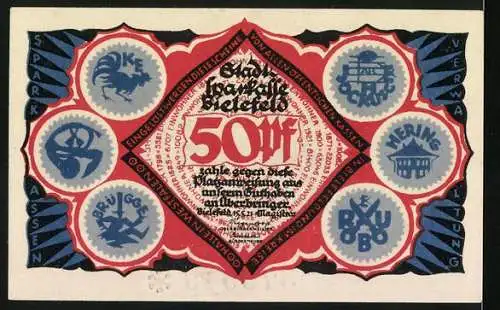 Notgeld Bielefeld 1921, 50 Pf, diverse historische Gebäude und Symbole, Seriennummer 379949