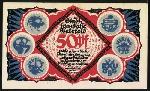 Notgeld Bielefeld, 1921, 50 Pf, stilisierte Figuren und Symbolik, Seriennummer 390070