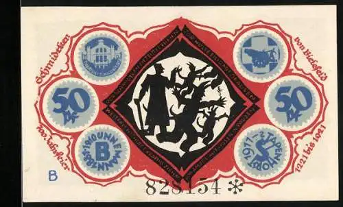 Notgeld Bielefeld 1921, 50 Pf, Serie B, rote und blaue Symbole, mittig Scherenschnitt