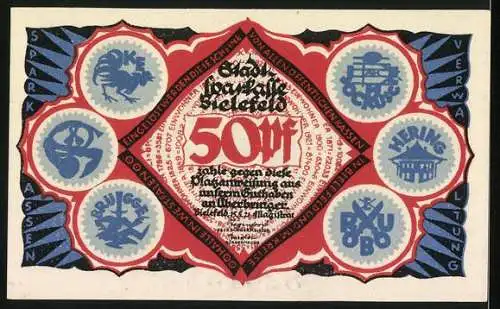 Notgeld Bielefeld 1921, 50 Pf, Serie B, rote und blaue Symbole, mittig Scherenschnitt