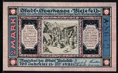 Notgeld Bielefeld, 1921, 2 Mark, Stadt-Sparkasse mit Schriftzügen und historischen Abbildungen der Stadt