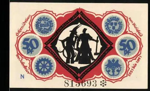 Notgeld Bielefeld 1921, 50 Pf, rote Silhouette von zwei Figuren und blaue Symbole auf Vorderseite, Text und Symbole auf