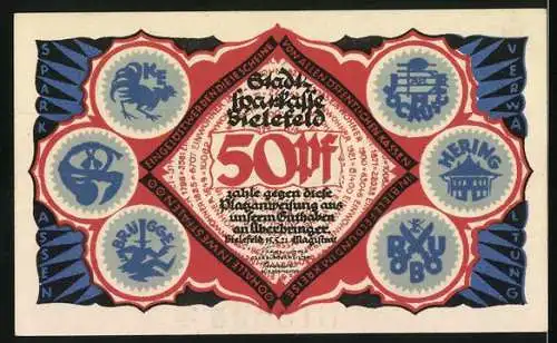 Notgeld Bielefeld 1921, 50 Pf, rote Silhouette von zwei Figuren und blaue Symbole auf Vorderseite, Text und Symbole auf