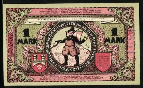 Notgeld Bielefeld 1921, 1 Mark, Stadt-Sparkasse Bielefeld, 700 Jahrfeier, Stadtwappen und Schmied