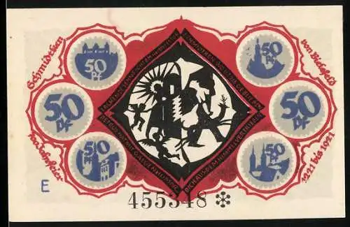 Notgeld Bielefeld 1921, 50 Pf, Mittelalterliche Figuren und Stadtansichten, Seriennummer 455348