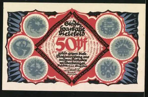 Notgeld Bielefeld 1921, 50 Pf, Mittelalterliche Figuren und Stadtansichten, Seriennummer 455348