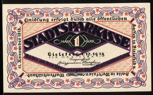 Notgeld Bielefeld 1918, 1 Mark, Stadtsparkasse, Kunstvolle Gestaltung mit Turnern und dekorativem Rand