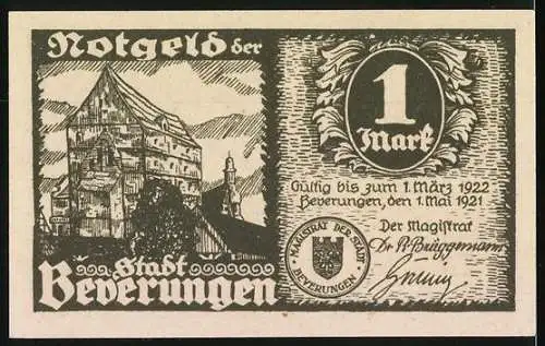 Notgeld Beverungen, 1921, 1 Mark, historische Szene mit Handel und Gebäude, gültig bis 1. März 1922