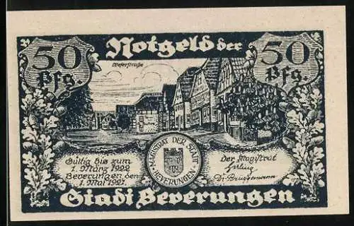 Notgeld Beverungen, 1921, 50 Pfennig, Stadtansicht und historische Szene in einer Gaststätte