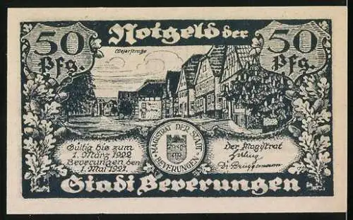 Notgeld Beverungen 1921, 50 Pfennig, Kartenspielende Männer in einer Kneipe, Stadtansicht von Beverungen