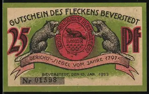 Notgeld Beverstedt, 1922, 25 Pf, Gerichts-Siegel von 1797 mit Bibern und Bebers Landschaftsszene