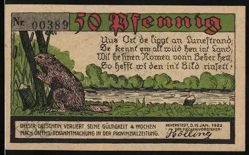 Notgeld Beverstedt, 1922, 50 Pfennig, Bibermotiv und Wappen mit Kirche und Hammer