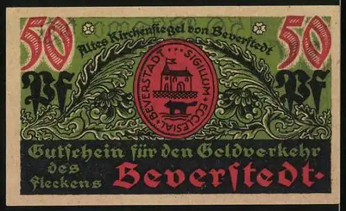 Notgeld Beverstedt, 1922, 50 Pfennig, Bibermotiv und Wappen mit Kirche und Hammer