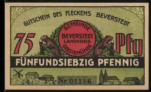 Notgeld Beverstedt 1922, 75 Pfennig, Gutschein mit Biber und Michel Motiv, Nr. 01186