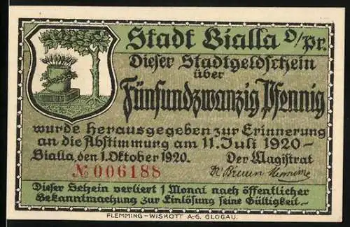 Notgeld Bialla 1920, 25 Pfennig, Stadtgeldschein mit Stadtwappen und Gebäudeansicht