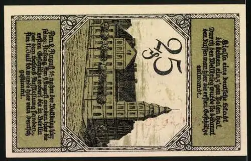 Notgeld Bialla 1920, 25 Pfennig, Stadtgeldschein mit Stadtwappen und Gebäudeansicht