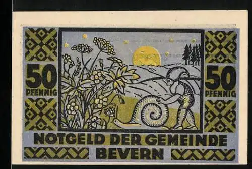 Notgeld Bevern / Holst. 1921, 50 Pfennig, Illustration Zwerg mit Schnecke und Blumen, Rückseite mit Gnom und Pilzen