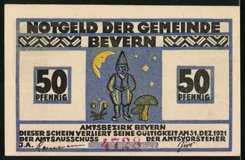 Notgeld Bevern / Holst. 1921, 50 Pfennig, Illustration Zwerg mit Schnecke und Blumen, Rückseite mit Gnom und Pilzen