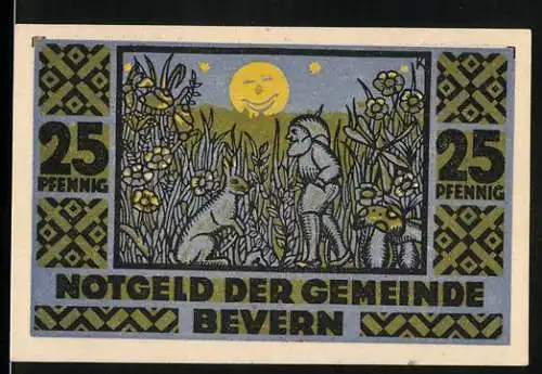 Notgeld Bevern / Holst., 1921, 25 Pfennig, Zwerg mit Hase im hohen Gras bei Vollmond