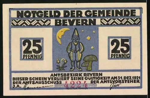 Notgeld Bevern / Holst., 1921, 25 Pfennig, Zwerg mit Hase im hohen Gras bei Vollmond