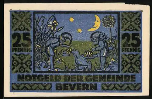 Notgeld Bevern / Holst., 1921, 25 Pfennig, Zwerge und Mond mit Frosch und Pilz, blaue und grüne Gestaltung