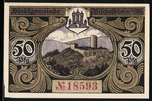 Notgeld Bischofsheim / Rhön, 50 Pfennig, Burgruine und Stadtwappen, Nr. 18593